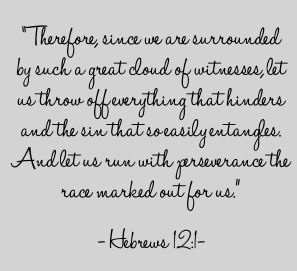 ['Therefore, since we are surrounded by such a great cloud of witnesses, let us throw off everything that hinders and the sin that so easily entangles, and let us run with perseverance the race marked out for us.' Hebrews 12:1 NIV84]