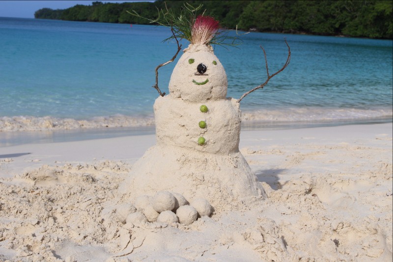 snowman made out of sand at the beach