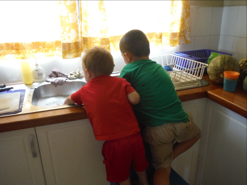 Elijah and Josiah rinsing dishes